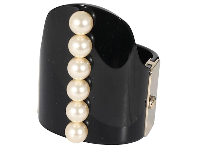 Chanel 2015 Gold Tone Resin Hinged Bangle Bracelet With Faux Pearls Metallic  ref.1293287
