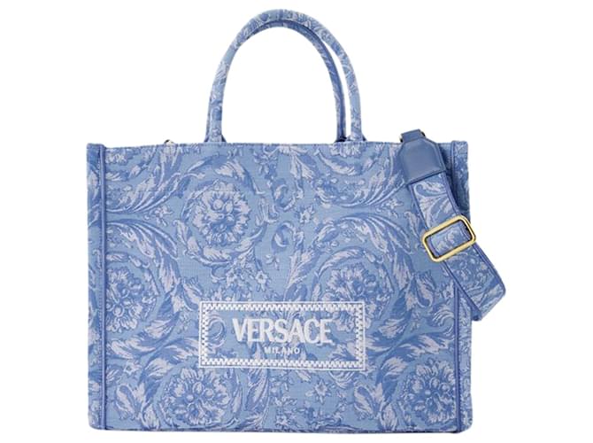 Bolsa Shopper Grande Jacquard - Versace - Lona - Azul  ref.1293355