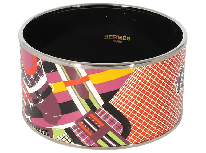 Hermès Palladium Plated Extra Wide Pour Sortier Enamel Bracelet (62mm) Metallic  ref.1293365