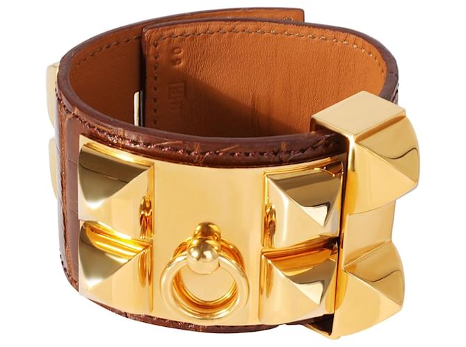 Hermès Hermes Collier De Chien Brown Leather Gold Tone Cuff Métallisé  ref.1293386