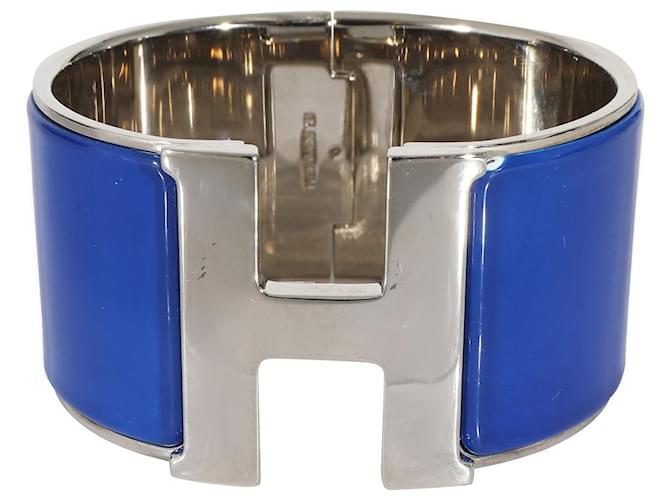 Hermès Palladiam Plated XL Clic Clac H Bracelet in Blue Enamel Metallic  ref.1293392