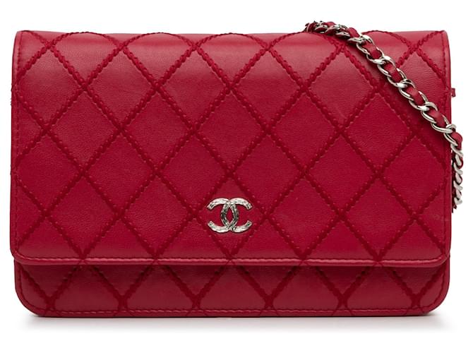 Chanel Red CC Lambskin Wild Stitch Wallet on Chain Leather  ref.1293576