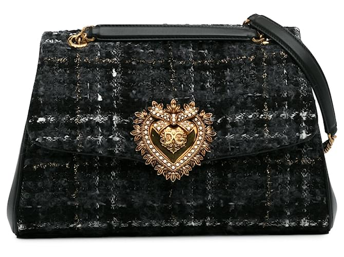 Dolce & Gabbana – Devotion – Umhängetasche aus grauem Tweed mit Kette Anthrazitgrau Tuch  ref.1293630