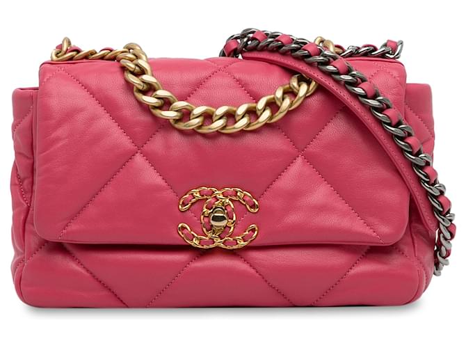Chanel Pele de cordeiro média rosa 19 saco de aba Couro  ref.1293637