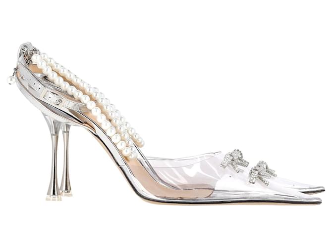 Mach & Mach Mach y Mach Matilde 100 Zapatos de salón con adornos de cristales en piel plateada y PVC transparente Plata Cuero  ref.1293672