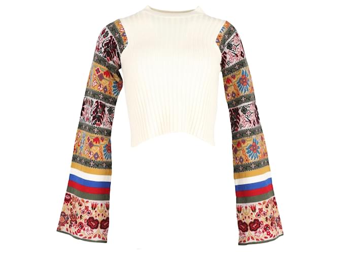 Etro Irma Paisley Sleeve Cropped Sweater in Cream Wool White  ref.1293673
