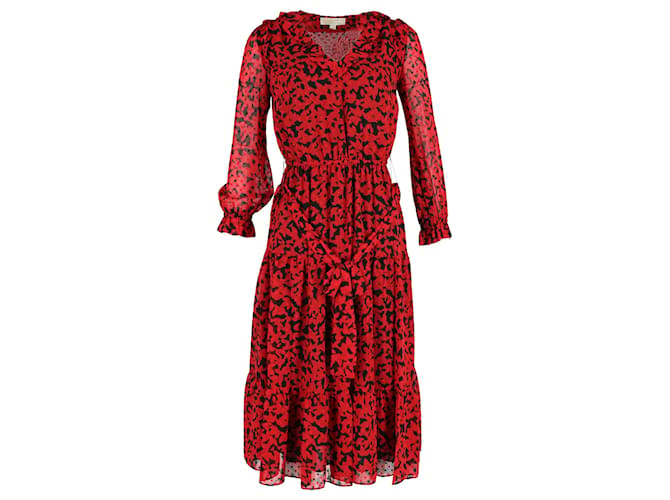 Michael Michael Kors Long Sleeve Printed Midi Dress in Red Polyester  ref.1293746
