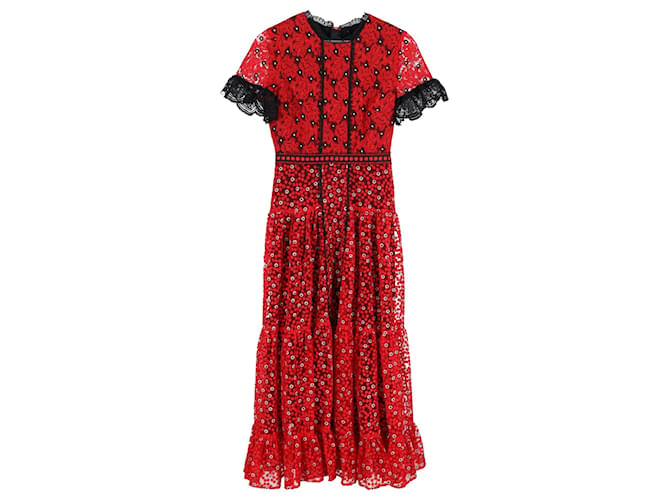 Autre Marque Saloni Andie Floral Lace-Trimmed Midi Dress in Red Polyester  ref.1293755