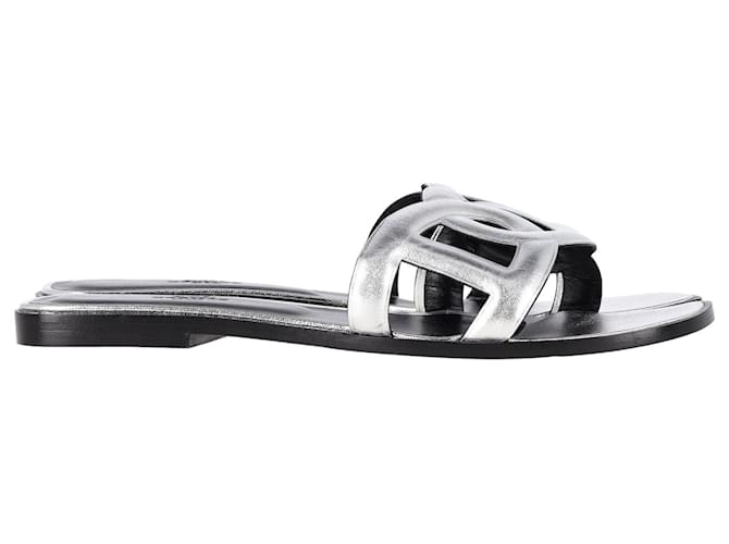Hermès Omaha Flat Slides aus silbernem Leder  ref.1293775
