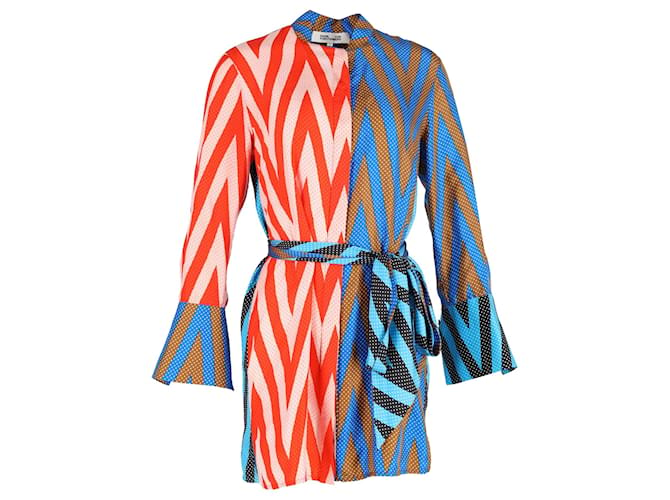 Diane Von Furstenberg Minivestido con cinturón y estampado en zigzag en seda multicolor  ref.1293800
