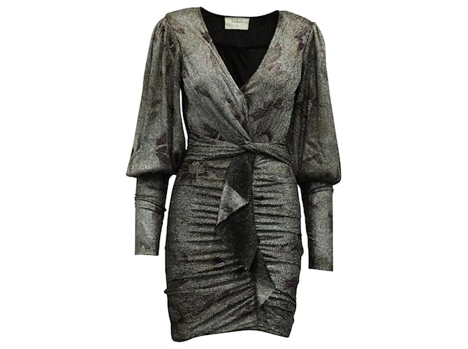 Ba&Sh Lizie Floral Print Twist Front Knitted Dress in Silver Polyester Silvery Metallic  ref.1293804