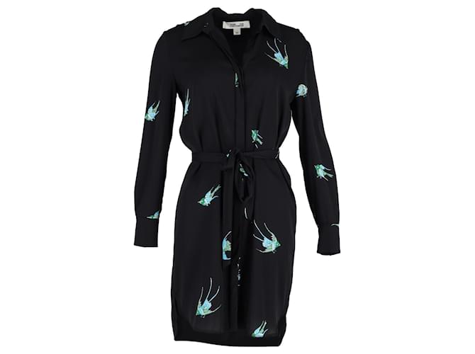 Diane Von Furstenberg Birds Print Button Down Dress in Black Silk  ref.1293815