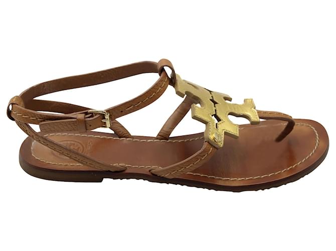 Tory Burch Logo Flat Sandals in Brown Leather  ref.1293818