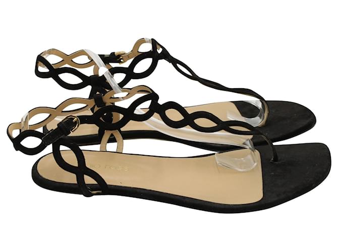 Sergio Rossi Laser-Cut Curved Design Flat Sandals in Black Suede  ref.1293833