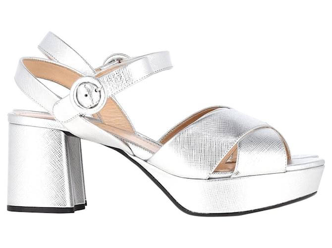 Prada Platform Ankle Strap Sandals in Silver Leather Silvery Metallic  ref.1293845
