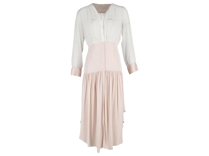 Sandro Olive Asymmetric Gathered Maxi Dress in Pink and White Silk  ref.1293860