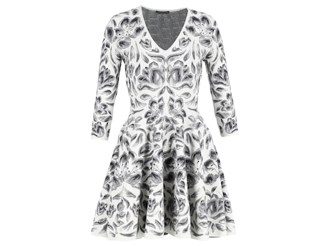 Alexander McQueen Floral Fit-and-Flare-Kleid aus weißer Wollmischung Wolle  ref.1293865
