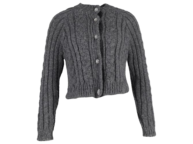 Ganni Cable-Knit Crystal-Buttoned Cardigan in Grey Alpaca Blend Wool  ref.1293877