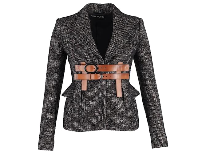 Giacca in tweed Tom Ford Couture con finiture in pelle in lana grigia Marrone  ref.1293883