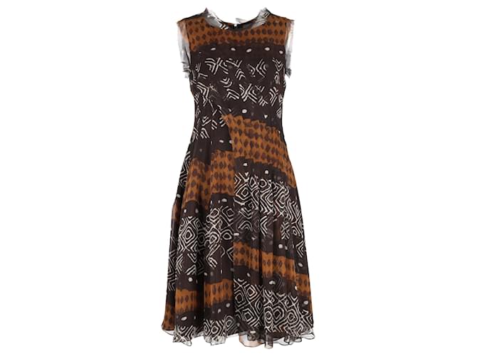 Oscar De La Renta Ethnic Print Sleeveless Dress in Brown Silk  ref.1293935