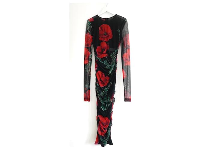 Dolce & Gabbana Poppy Print Ruched Mesh Midi Dress Black Polyamide  ref.1294127