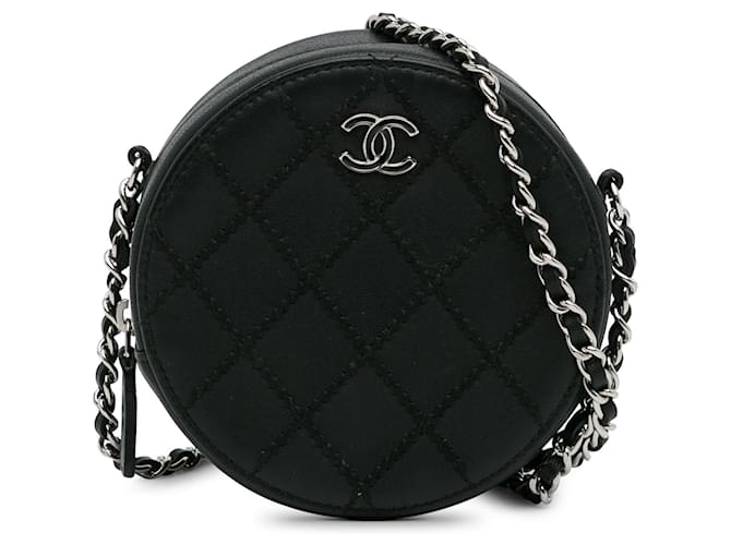 Black Chanel Quilted CC Round Chain Crossbody Leather  ref.1294180