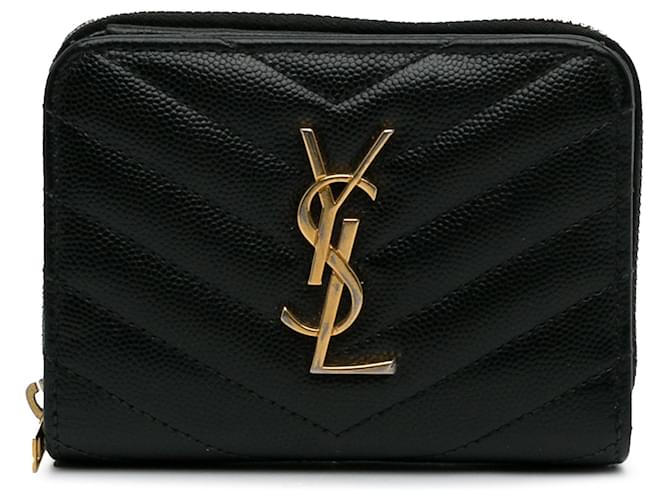 Black Saint Laurent Chevron Monogram Zip Around Compact Wallet Leather  ref.1294186