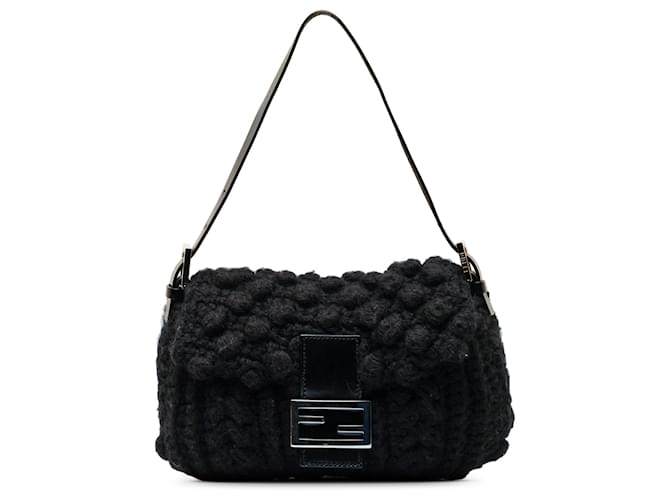 Fendi Black Wool Knit Shoulder Bag Leather Pony-style calfskin Cloth  ref.1294279