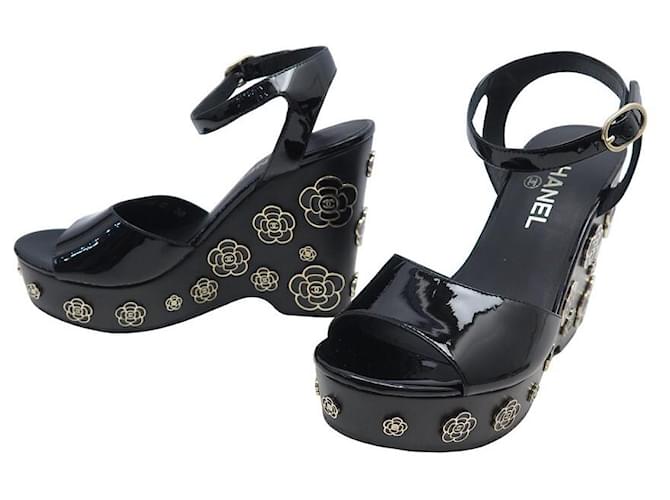 NEW CHANEL SHOES CAMELIA G WEDGE SANDALS31755 38 LEATHER + BOX Black  ref.1294329