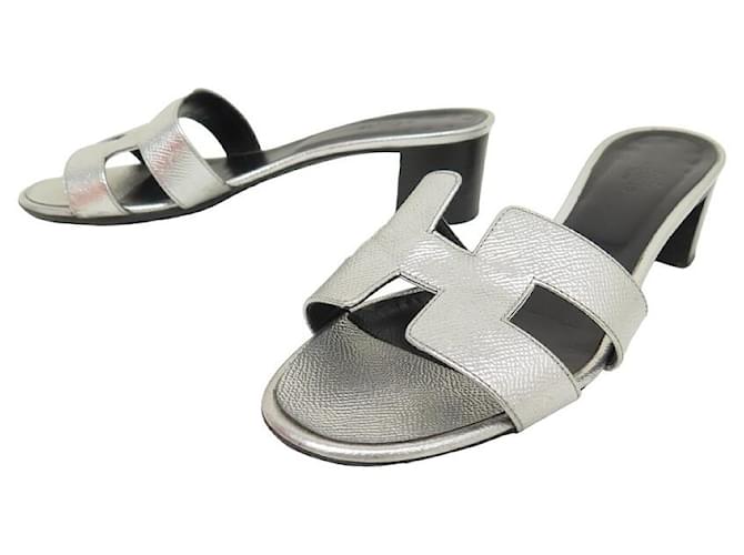 Hermès HERMES OASIS H HEEL MULES SHOES201144Z 39 SILVER EPSOM LEATHER SHOES Silvery  ref.1294354