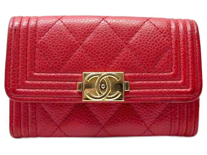 CHANEL BOY CARD HOLDER RED CAVIAR LEATHER WALLET  ref.1294415