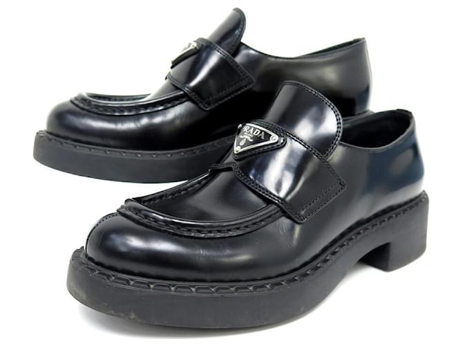 PRADA SHOES CHOCOLATE LOAFERS 1D246M 37 BLACK LEATHER SHOES  ref.1294451