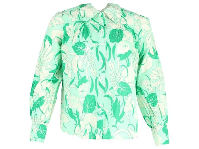 Autre Marque Rixo Floral Print Long Sleeve Button-Up Top in Green Cotton  ref.1294554
