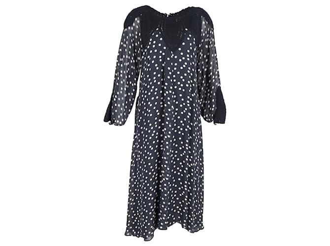Autre Marque Rixo London Irene Crochet-Paneled Polka Dot Midi Dress in Navy Blue Viscose Cellulose fibre  ref.1294556