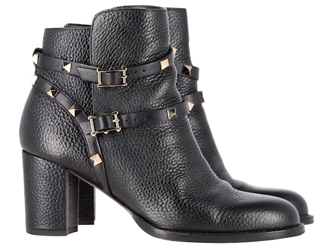 Valentino Garavani Rockstud Block-Heel Ankle Boots in Black Leather  ref.1294573
