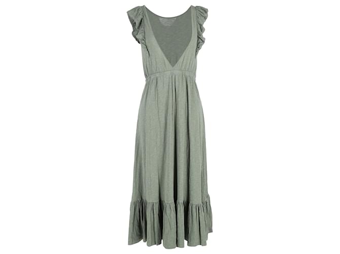 Ba&Sh Gathered Ruffle-Trimmed Midi Dress In Khaki Cotton Green  ref.1294601