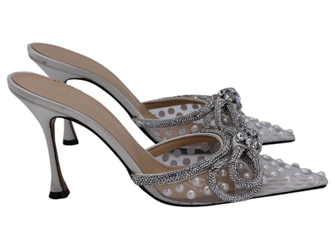 Mach & Mach lined Bow Faux Pearl-Embellished Mules in White Satin and Clear PVC  ref.1294602