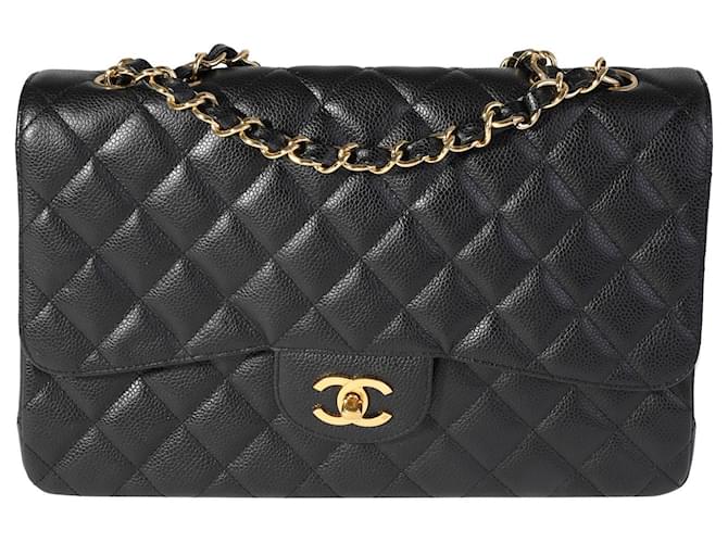 Timeless Chanel Black Quilted Caviar Jumbo Classic Single Flap Bag Negro Cuero  ref.1294607