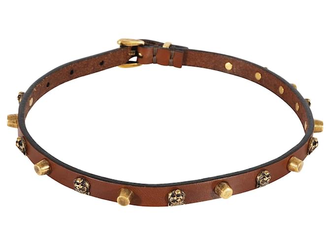 Gucci-Halsband aus braunem Leder mit Katzenkopf und Nieten in Goldton Metallisch  ref.1294651