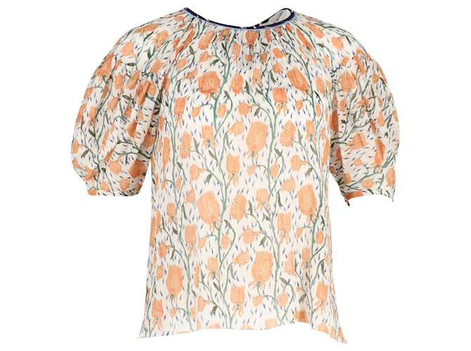 Chloé Chloe Floral-Print Puff-Sleeve Top in Orange Silk  ref.1294654
