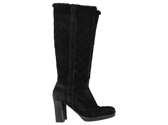 Gucci GG Supreme Shearling-Lined Knee-High Boots in Black Suede  ref.1294672