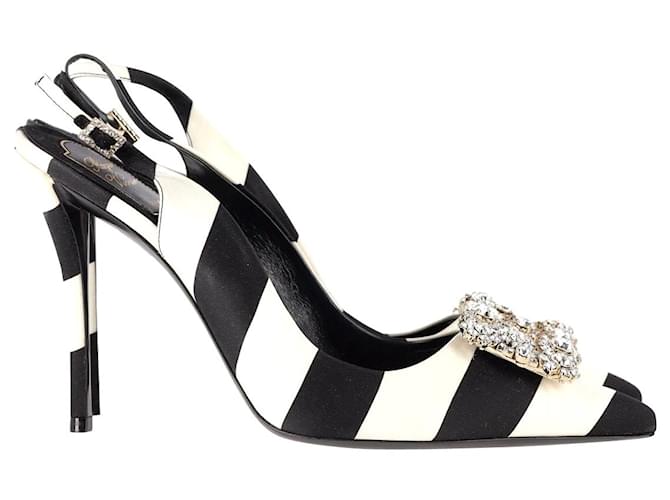 Roger Vivier Striped Buckled Slingback Pumps in Black and White Satin Multiple colors  ref.1294690
