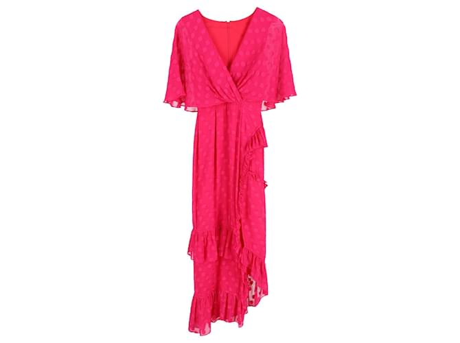 Autre Marque Saloni Rose Ruffled Polka-Dot Midi Dress in Pink Silk  ref.1294692