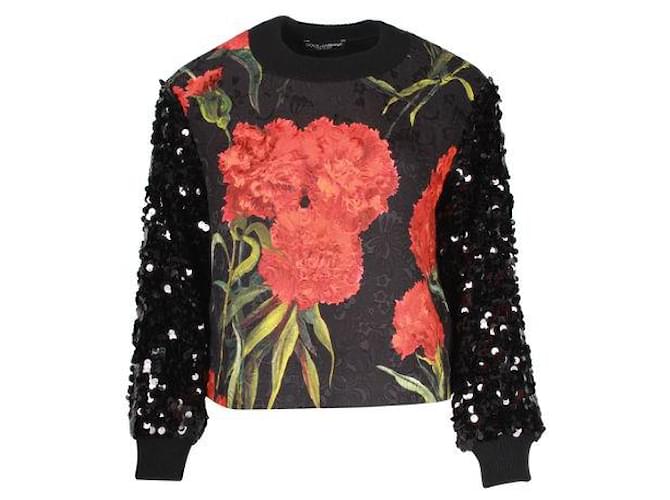 Dolce & Gabbana Blouse noire à imprimé floral en jacquard avec manches à paillettes Coton Polyester Viscose  ref.1294733