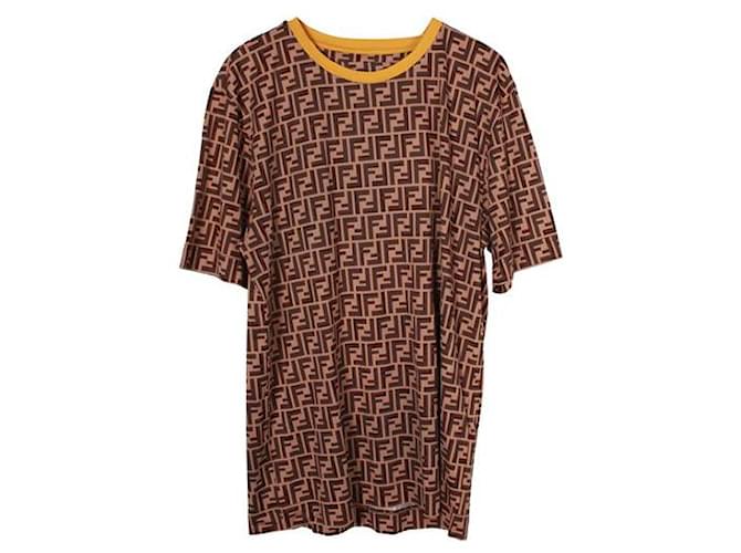 Fendi T-shirt en coton monogramme marron avec bordure jaune  ref.1294737