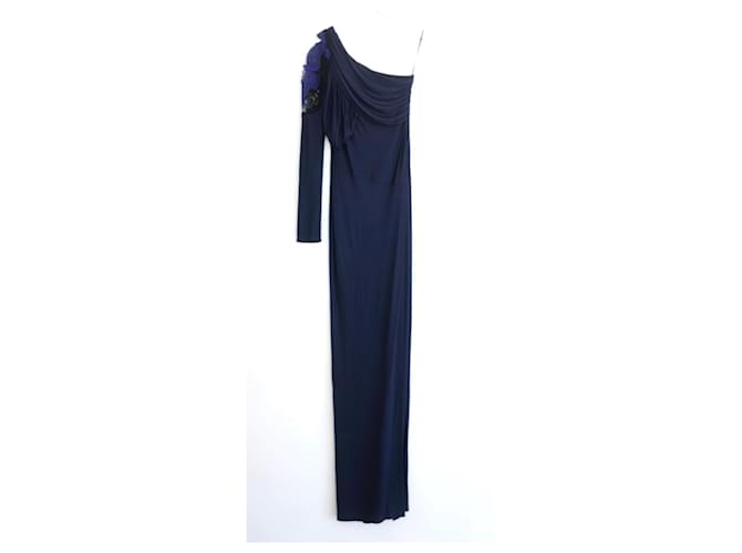 Yigal Azrouel Lace Shoulder Jersey Evening Gown Dress Navy blue Viscose  ref.1294814