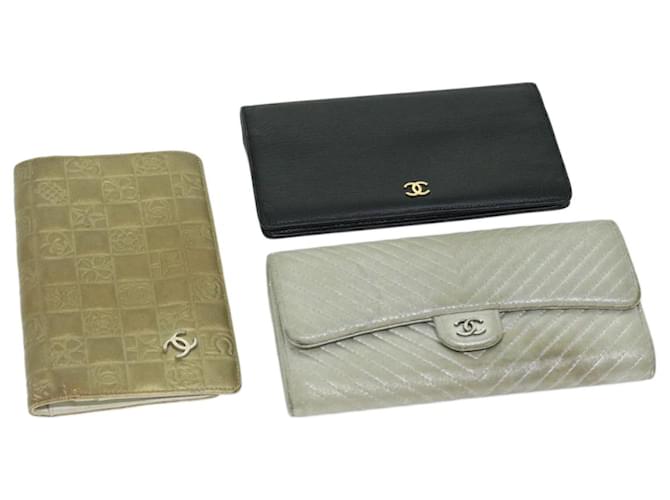 CHANEL Wallet Leather 3Set Black Beige Silver CC Auth bs12329 Silvery  ref.1294935