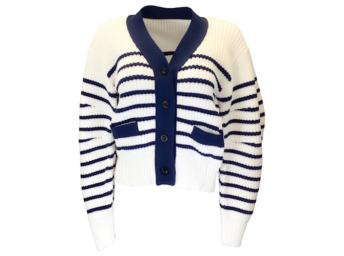 Autre Marque Sacai Blanc / Pull cardigan en tricot rayé bleu marine Polyester  ref.1296054