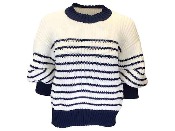 Autre Marque Sacai White / Navy Blue Striped Puff Sleeved Crewneck Knit Pullover Sweater Polyester  ref.1296056