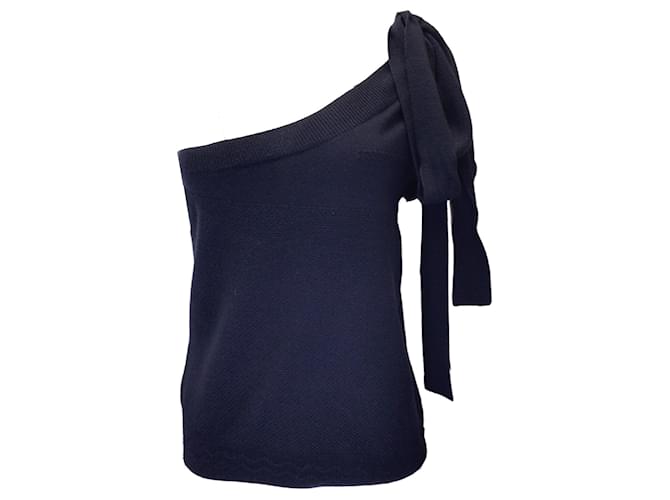 Autre Marque Chanel, Marineblaues One-Shoulder-Top aus Wollstrick mit Krawattendetail Wolle  ref.1296074